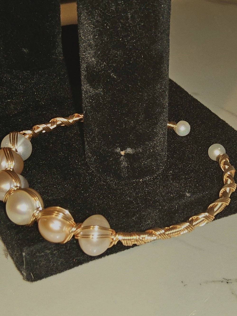 Handmade Wire-Wrapped Freshwater Pearl Open Cuff Bangle Bracelet - Picture 4 of 6
